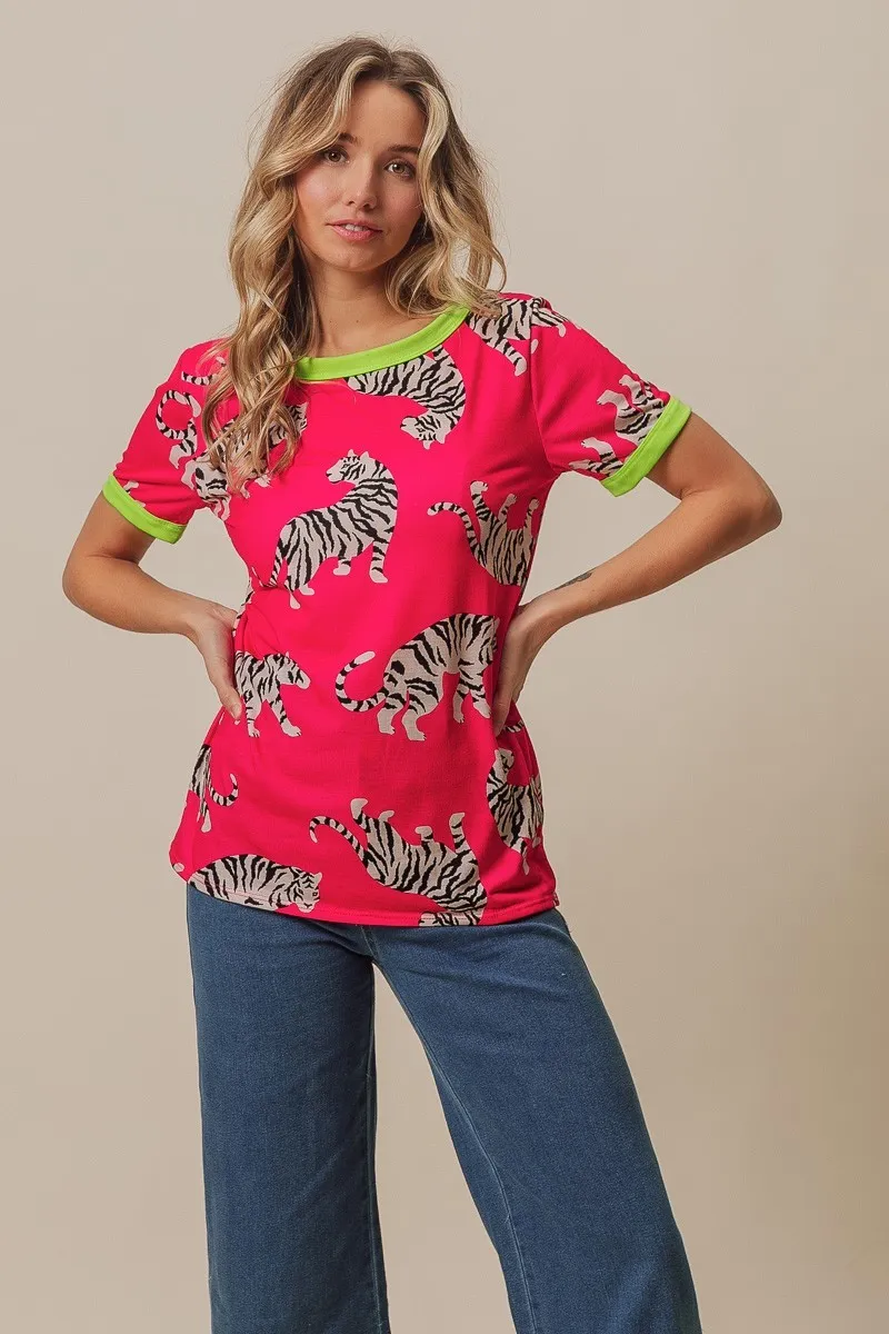 BiBi Big Tiger Print Jersey Contrast Ringer Top, image 11