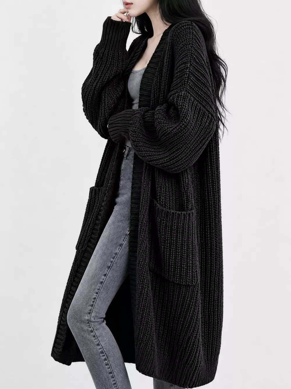 Full Size Chunky Knit Openwork Front Longline Cardigan Plus Size, image 21
