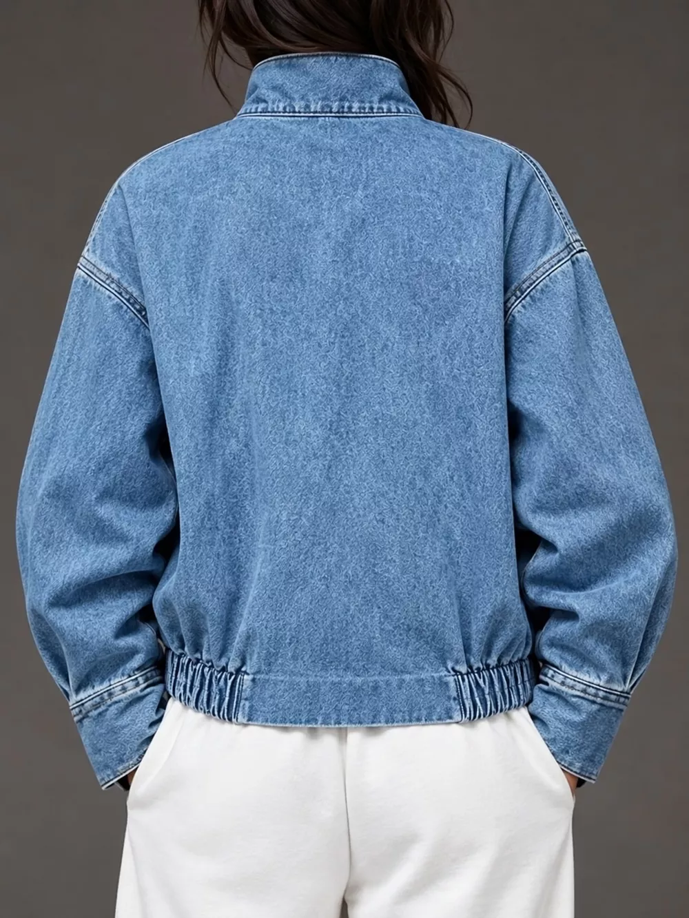 Stand-Collar Zip-Up Denim Jacket, image 8
