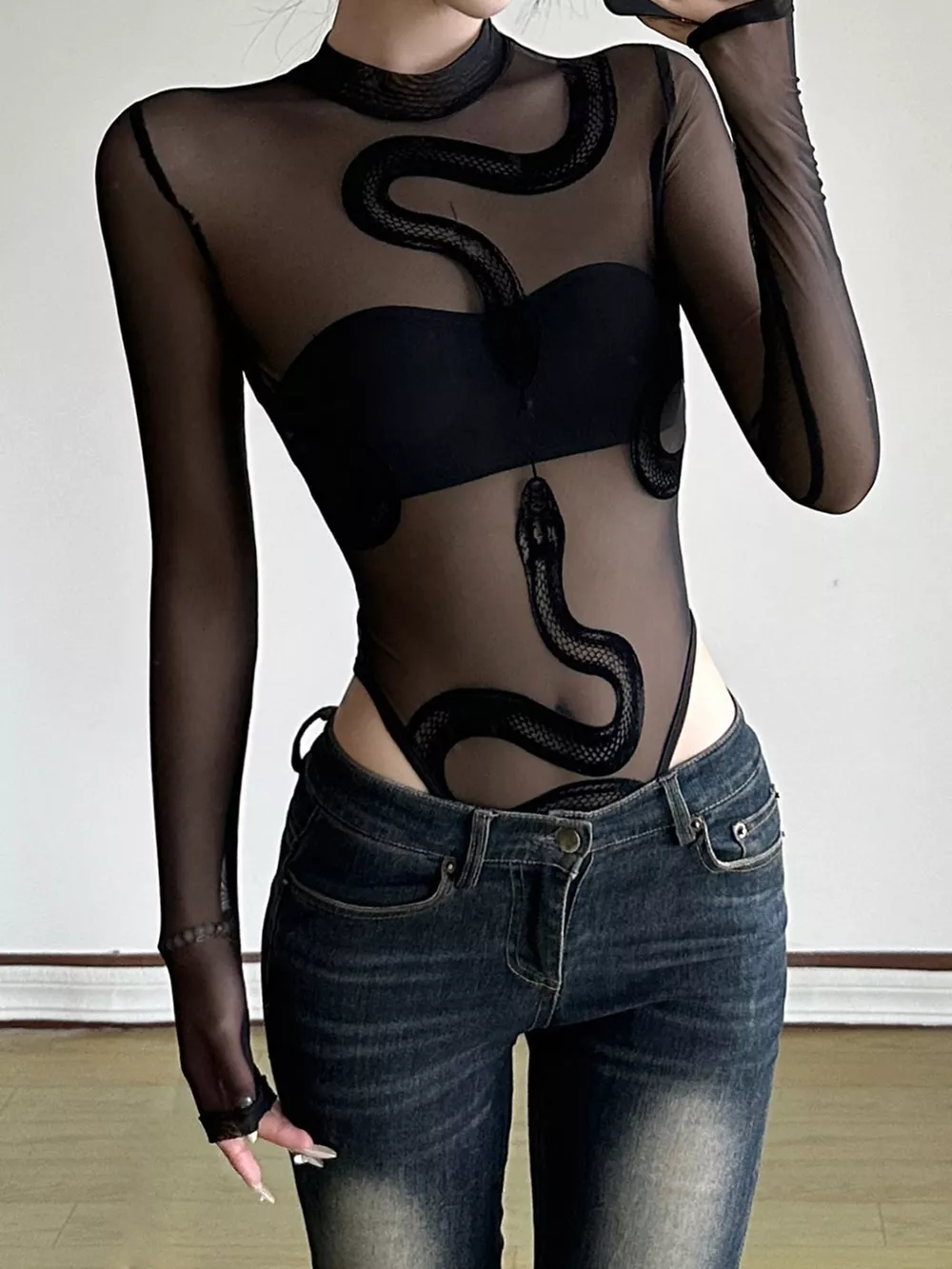 Sheer Mesh Snake Print Long Sleeve Bodysuit, image 3