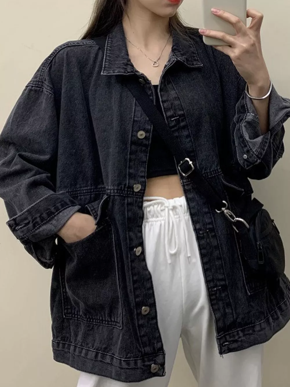 Oversized Wash Denim Jacket with Utility Pockets, image 10