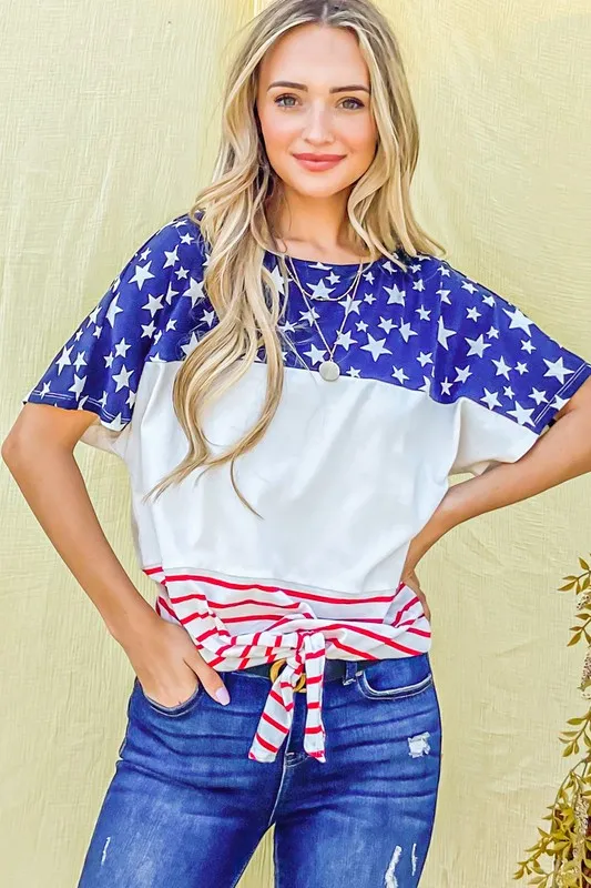 American Flag Print Tie Knot Front Casual Top, image 2