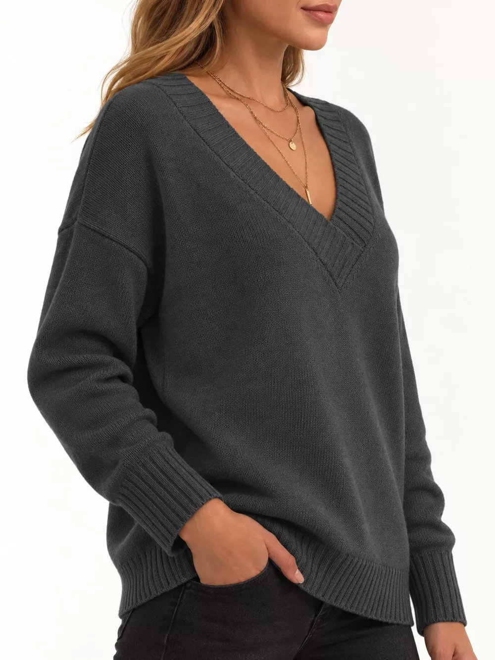 Full Size V-Neck Dropped Shoulder Sweater Plus Size, image 28