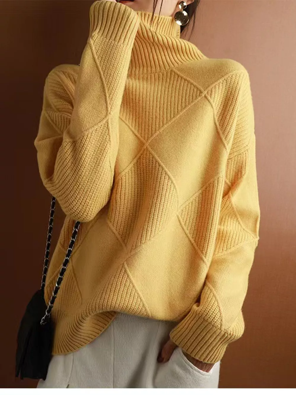 Full Size Diamond Pattern Turtleneck Sweater Plus Size, image 35
