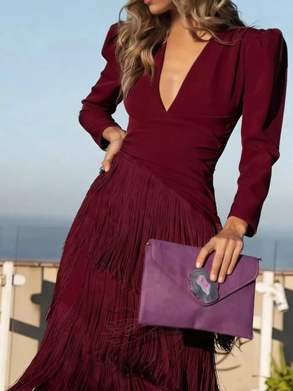 Fringed V-Neck Puff Sleeve Maxi Dress, image 23