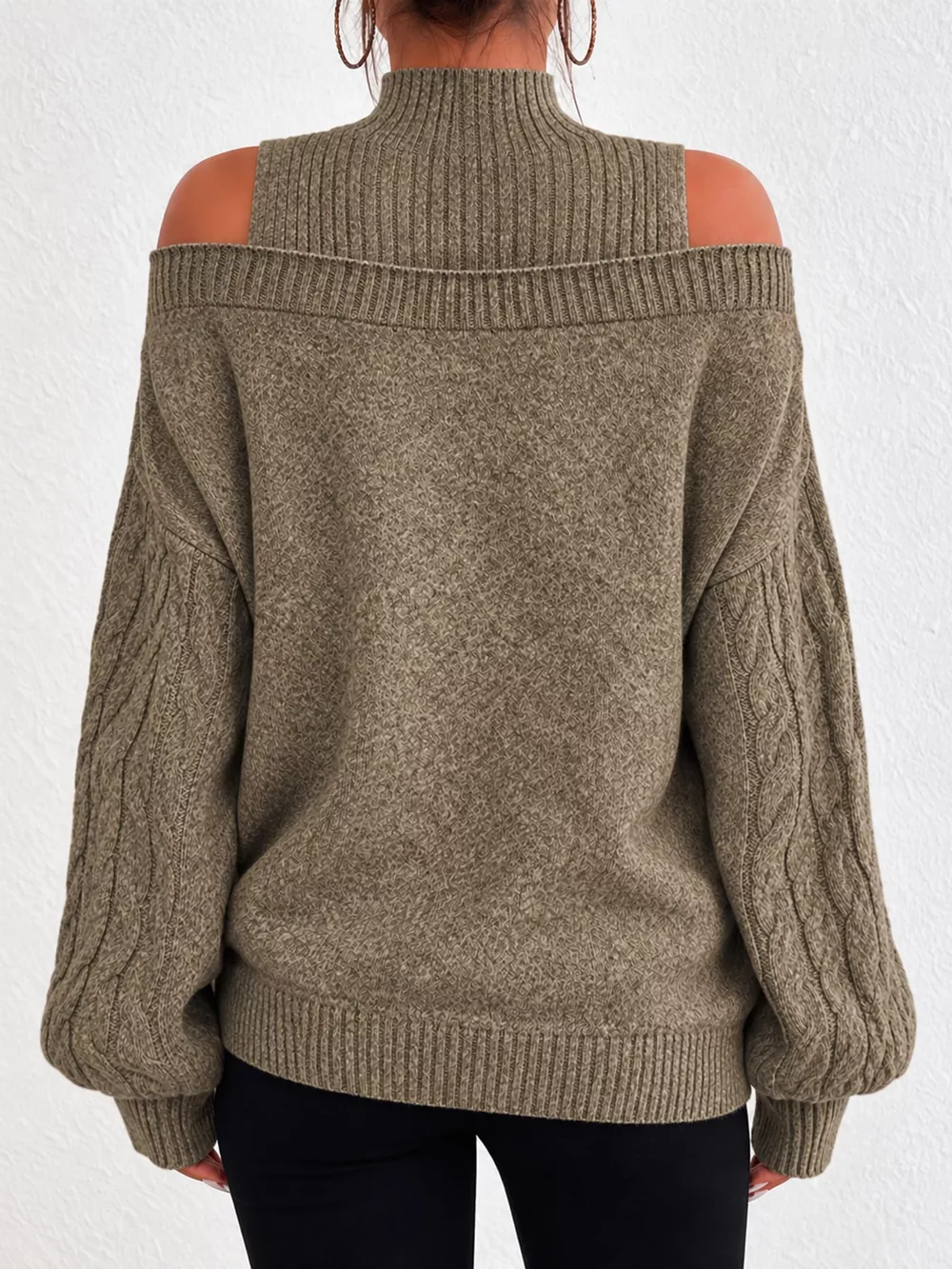 Full Size Cold Shoulder Mock Neck Cable Knit Sweater Plus Size, image 6