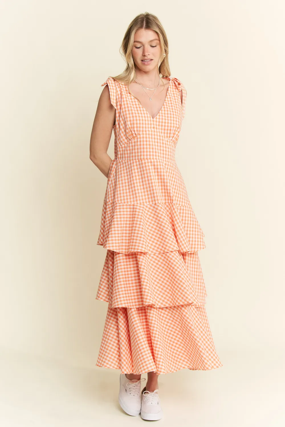 Sleeveless Gingham Print Tiered Midi Dress, image 11