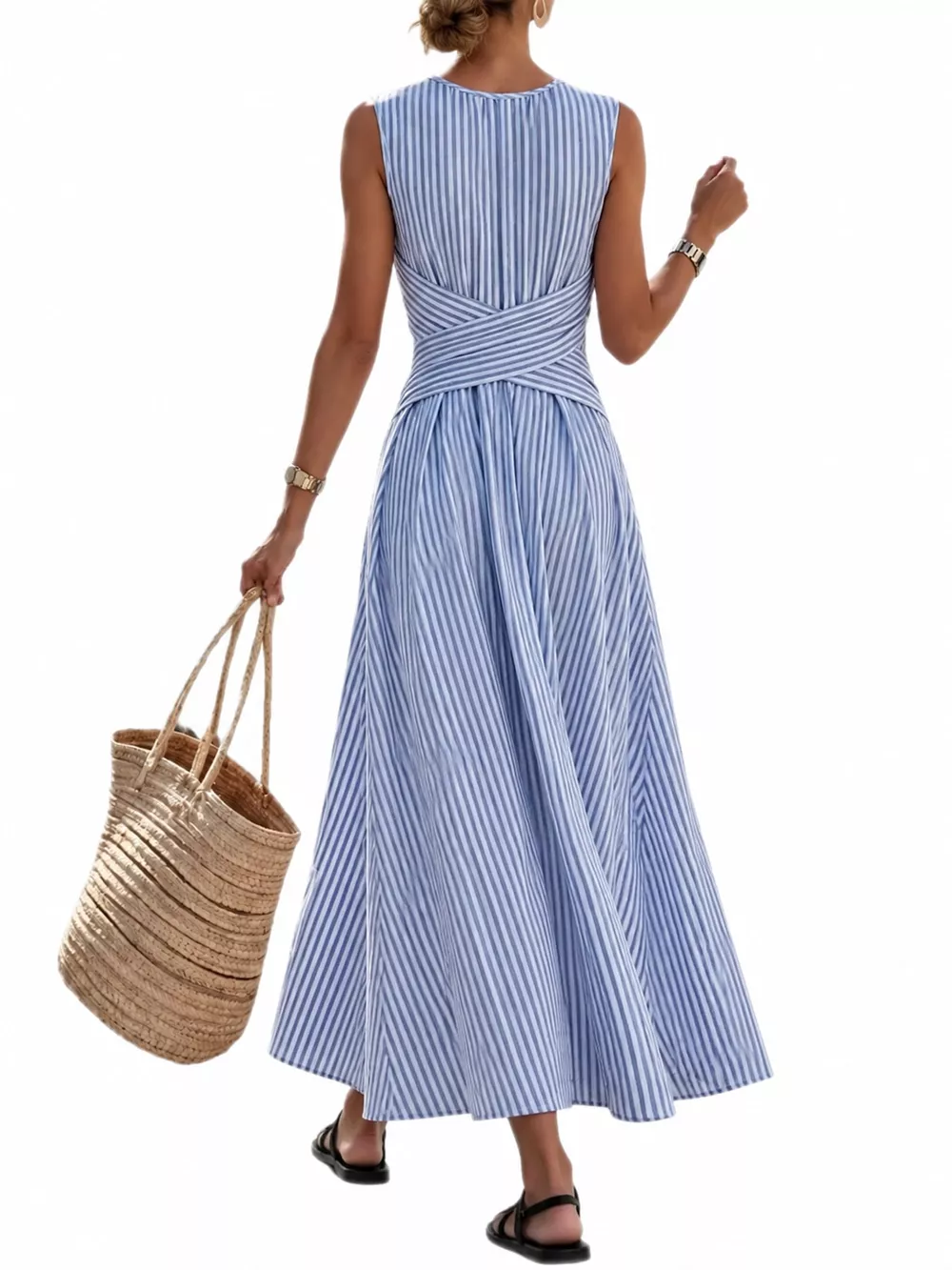 Full Size Sleeveless Striped Maxi Dress with Criss-Cross Waist Detail Plus Size, image 4