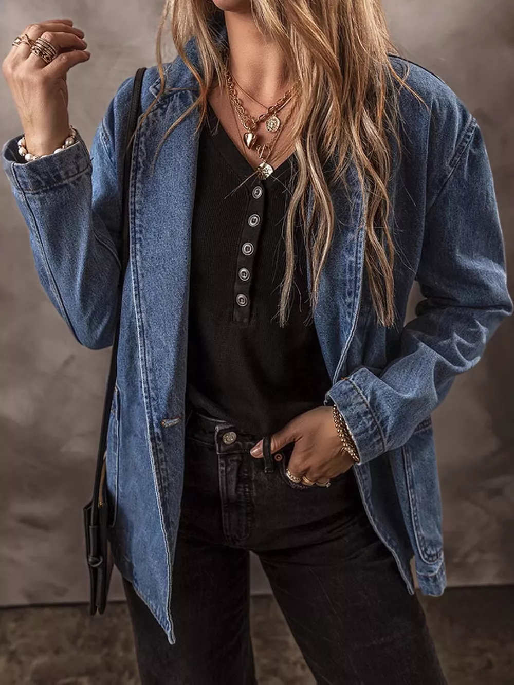 Full Size Casual One-Button Denim Blazer Jacket Plus Size, image 2