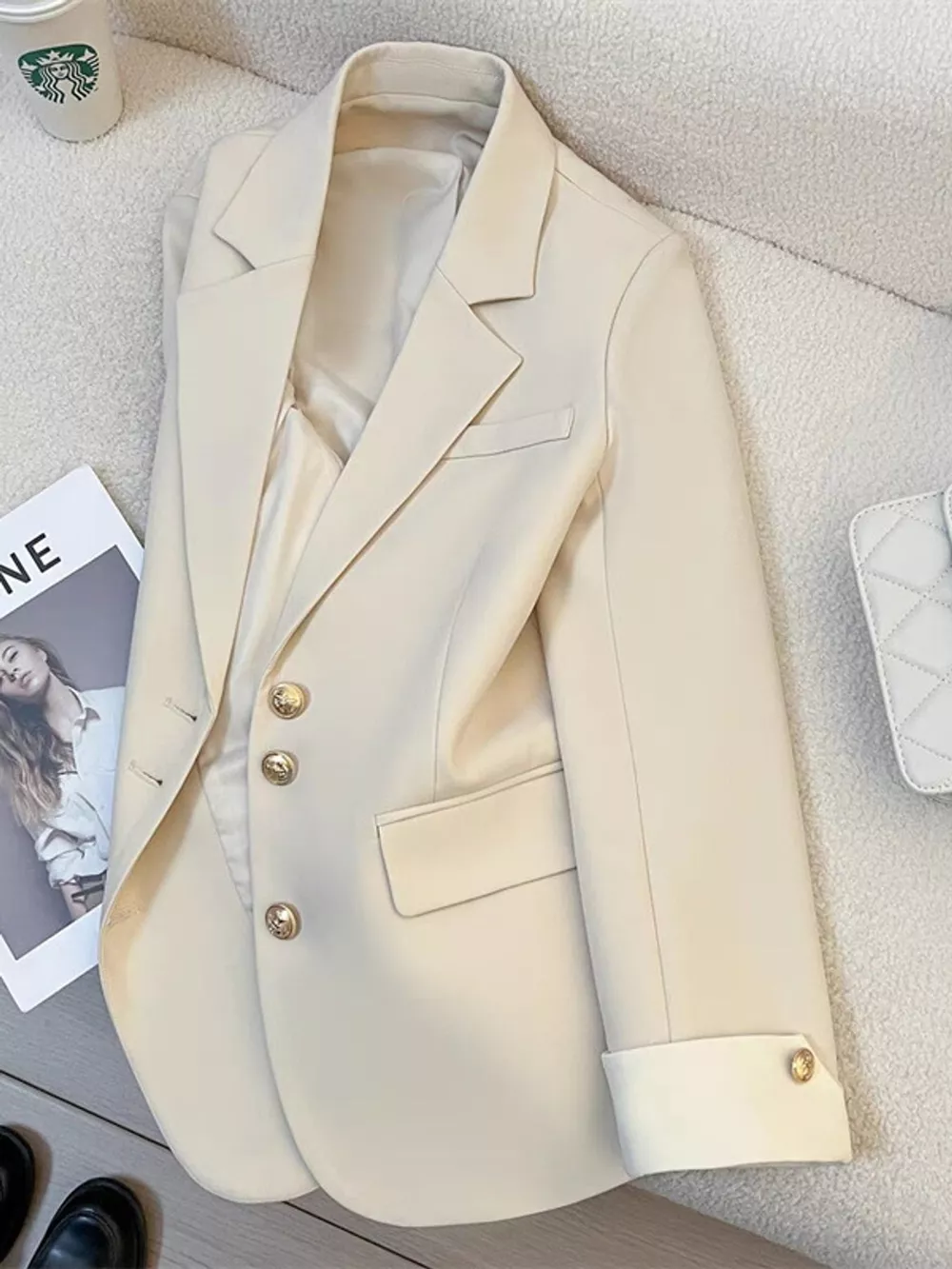 Full Size Single-Breasted Blazer with Gold Button Accents Plus Size
