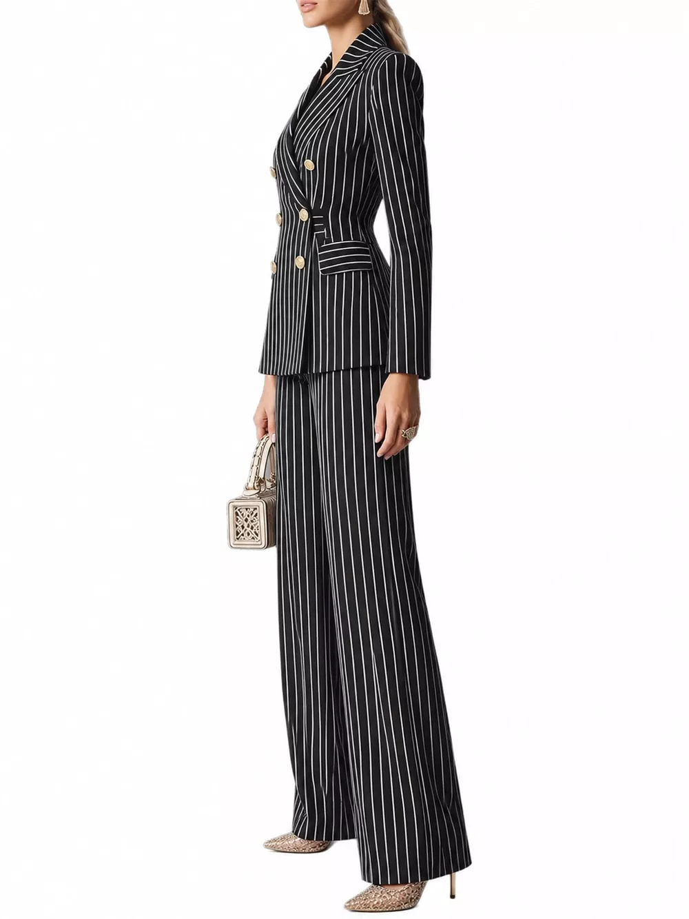 Double-Breasted Pinstripe Blazer and Wide-Leg Pants Set, image 8