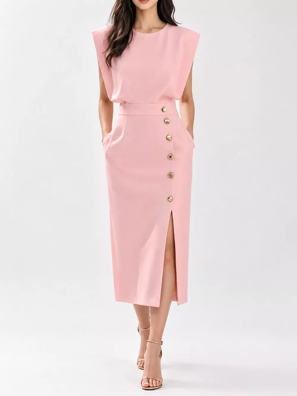Sleeveless Midi Dress with Gold Button Detail and Side Slit, image 11