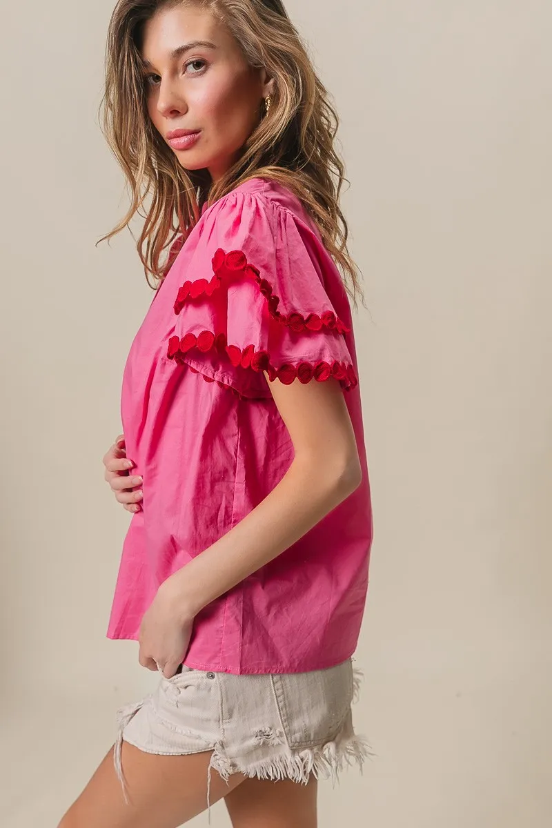 Dot Trim Flutter Sleeve Notched Top, image 2