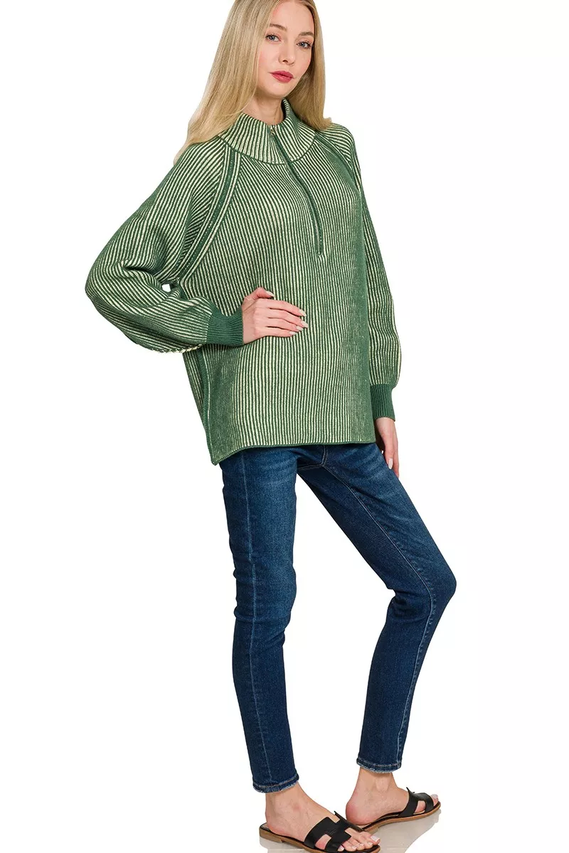 Ribbed Two Tone Half Zip Sweater, image 3