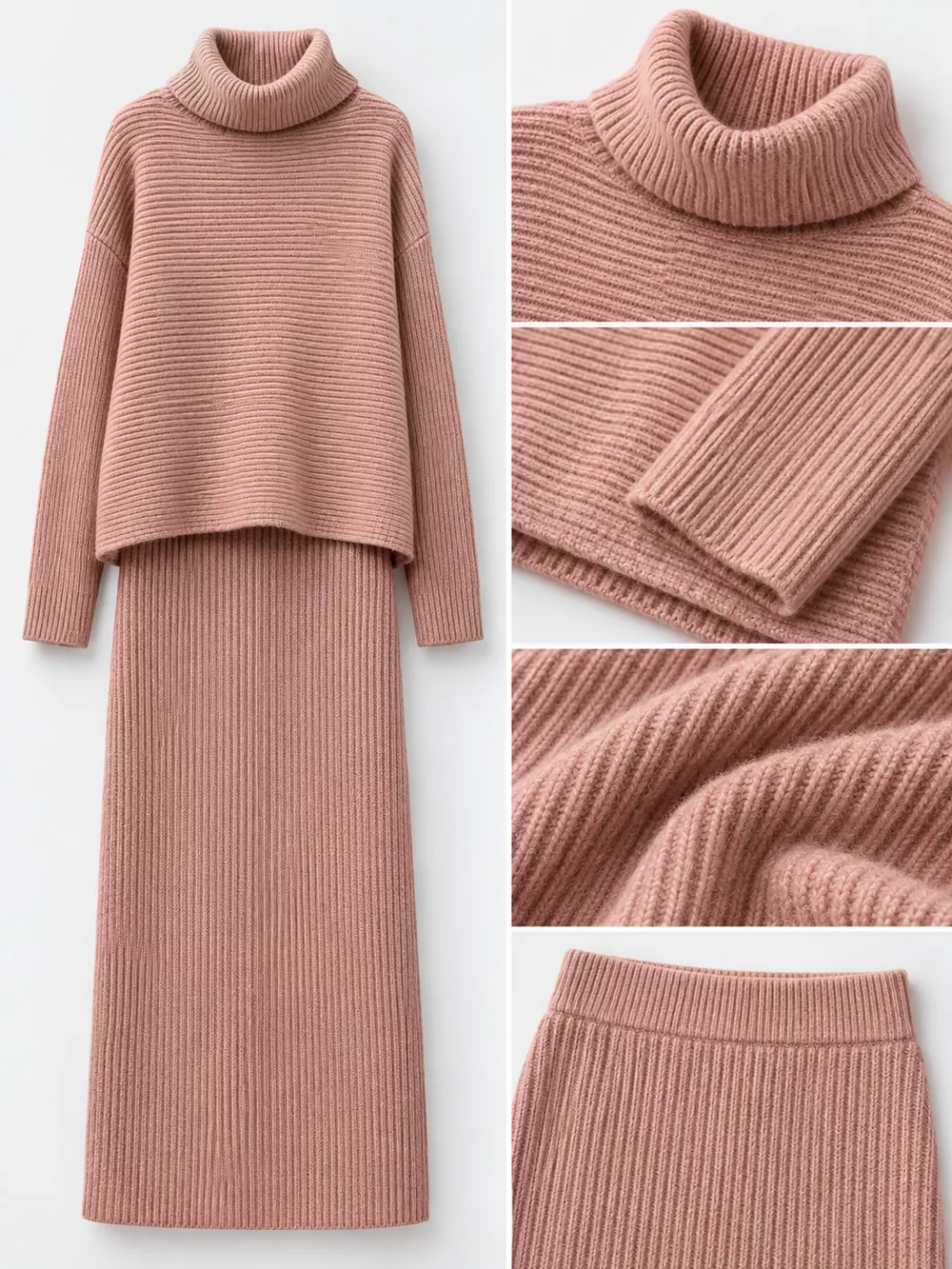 Ribbed Turtleneck Sweater Set with Matching Midi Skirt, image 11
