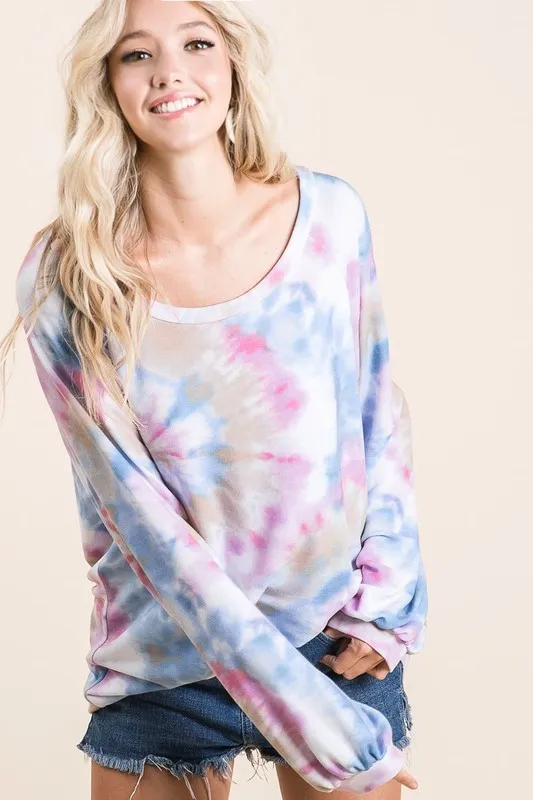 Tie Dye Print Terry Top With Puff Sleeves, image 3