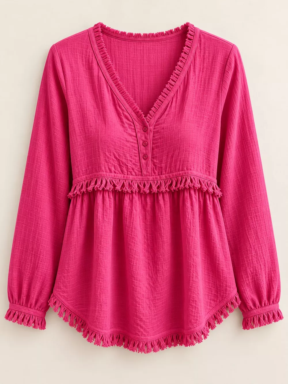 Full Size Fringed Trim V-Neck Long Sleeve Blouse Plus Size, image 42