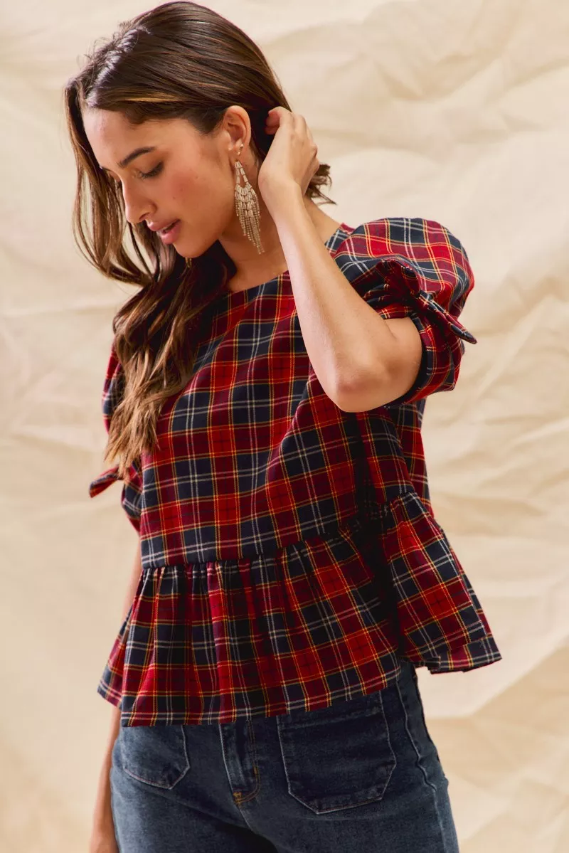 Christmas Holiday Plaid Ribbon Short Sleeves Top, image 6