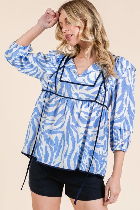 Graphic Print Solid Trim Quarter Sleeve Blouse, image 3