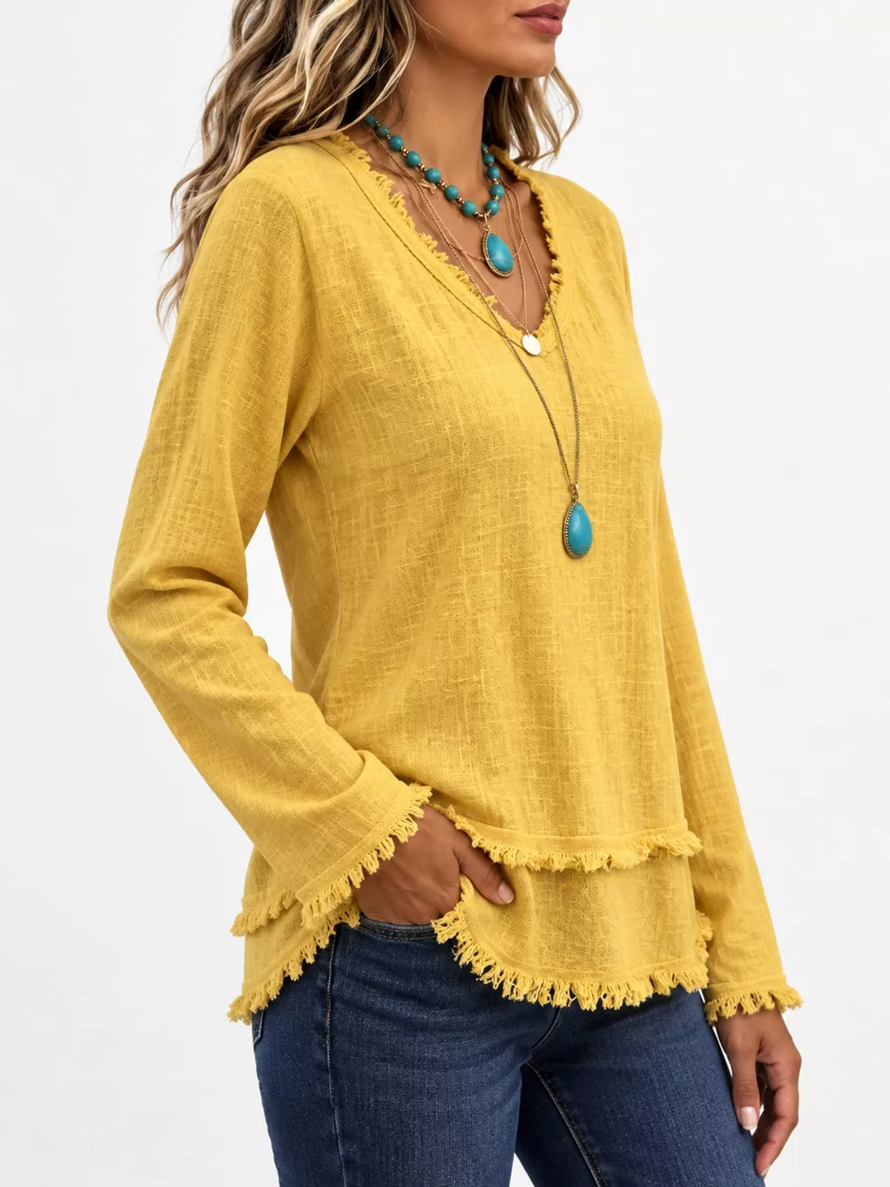 Full Size Frayed Hem V-Neck Blouse Plus Size, image 37