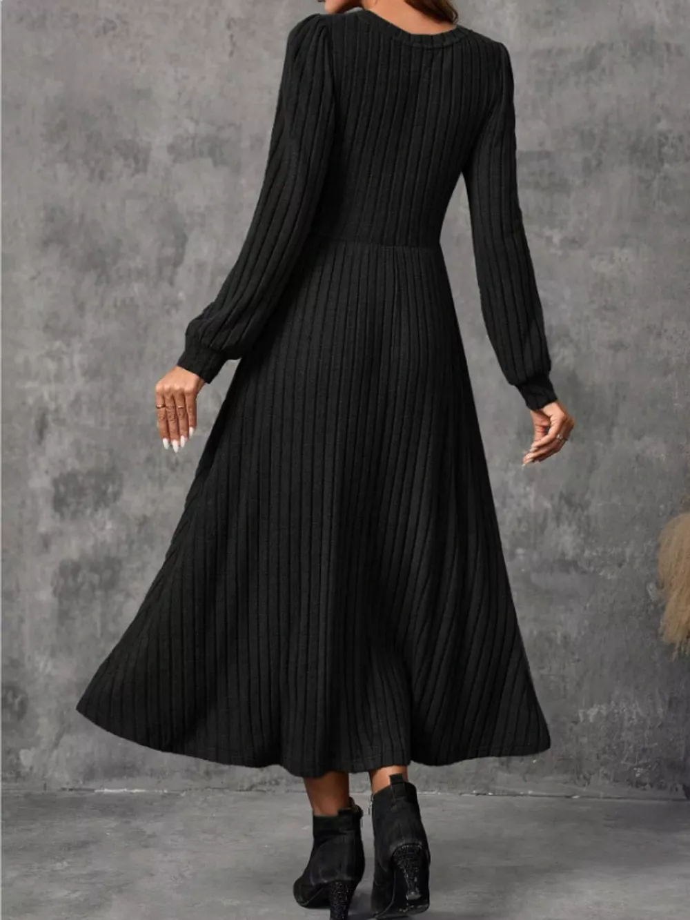 Ribbed Knit Long Sleeve A-Line Midi Dress, image 5