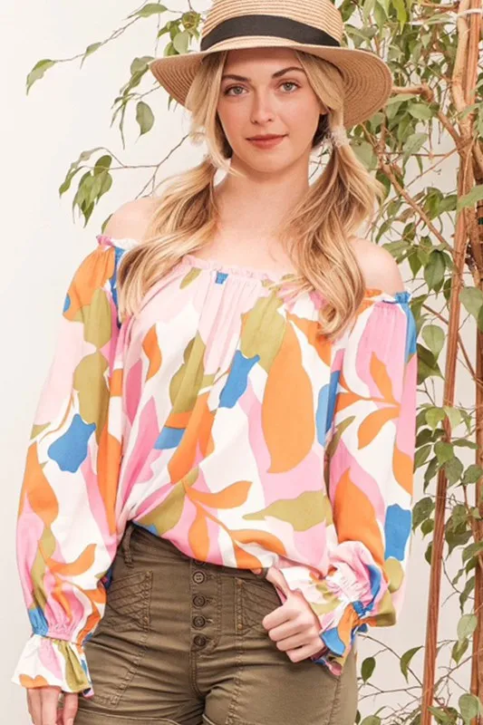 Abstract Print Off-the-shoulder Long Sleeve Top, image 2