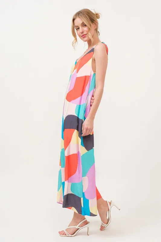 Tied Shoulder Straps Wide-Leg Geo Print Jumpsuit, image 2