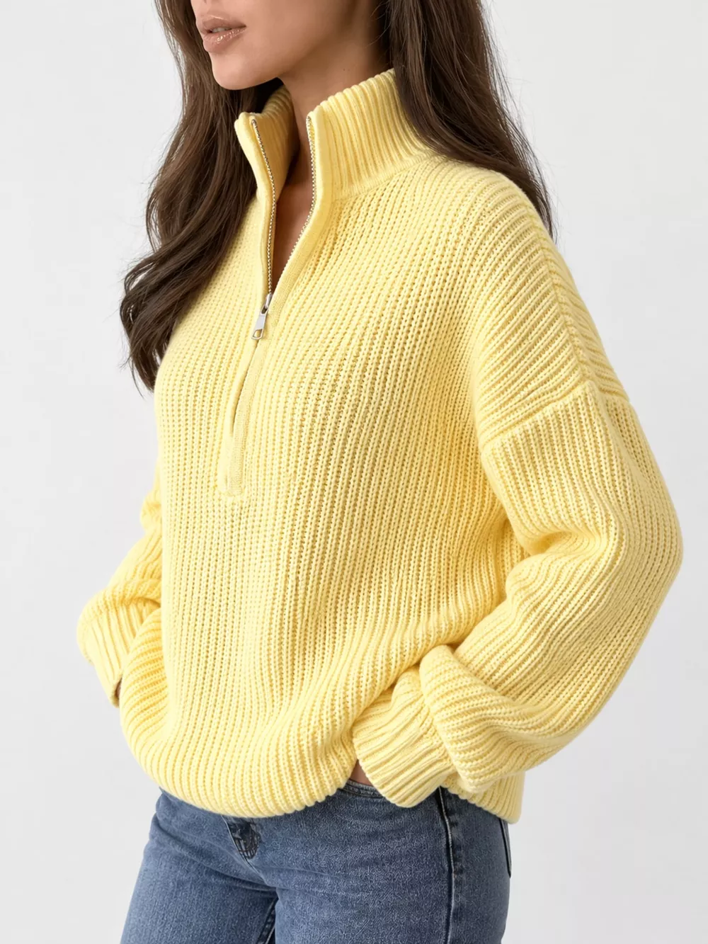 Full Size Half Zip Dropped Shoulder Sweater Plus Size, image 3