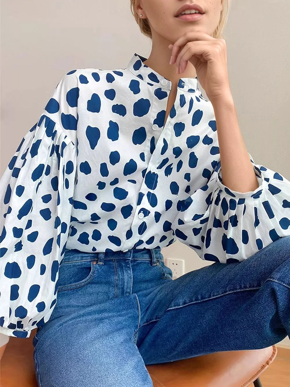 Printed Puff Sleeve Button-Down Shirt, image 4
