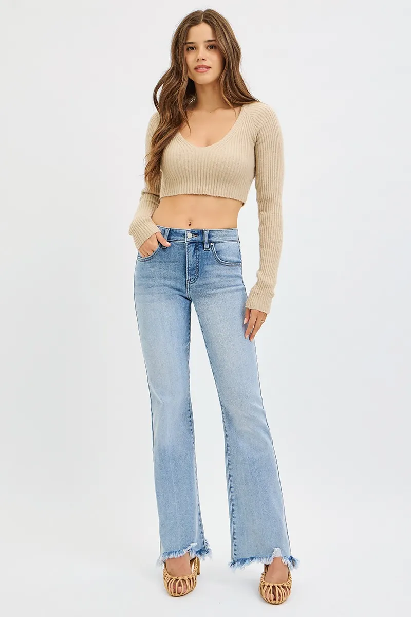 Full Size Tummy Control Mid Rise Flare Jeans with Fray Hem Detailed Plus Size, image 2