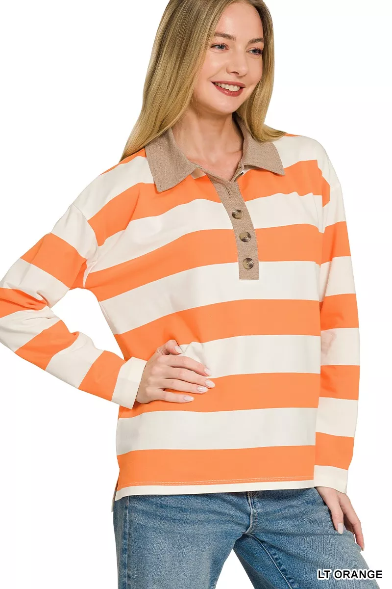 Zenana Striped Contrast Collar Polo Top, image 2