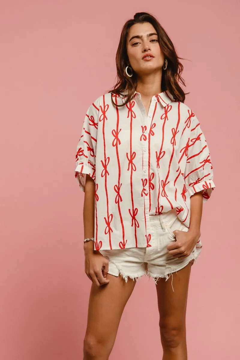 Bow Ribbon Woven Printed Button Down Shirt, image 4