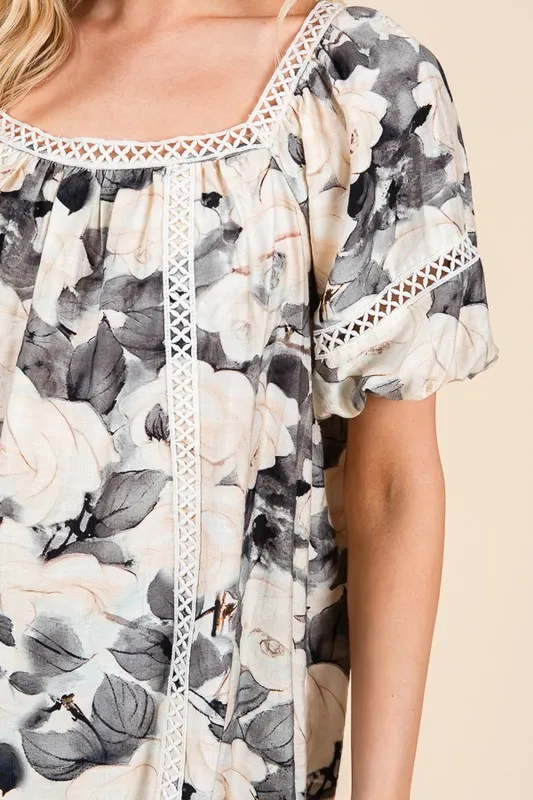Floral Print Lace Trim Puff Sleeve Blouse, image 2