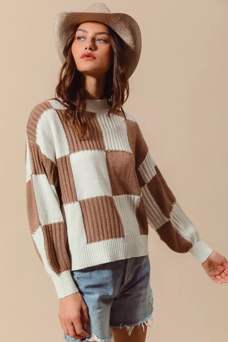 Ribbed Color Block Checkered Plaid Sweater, image 3