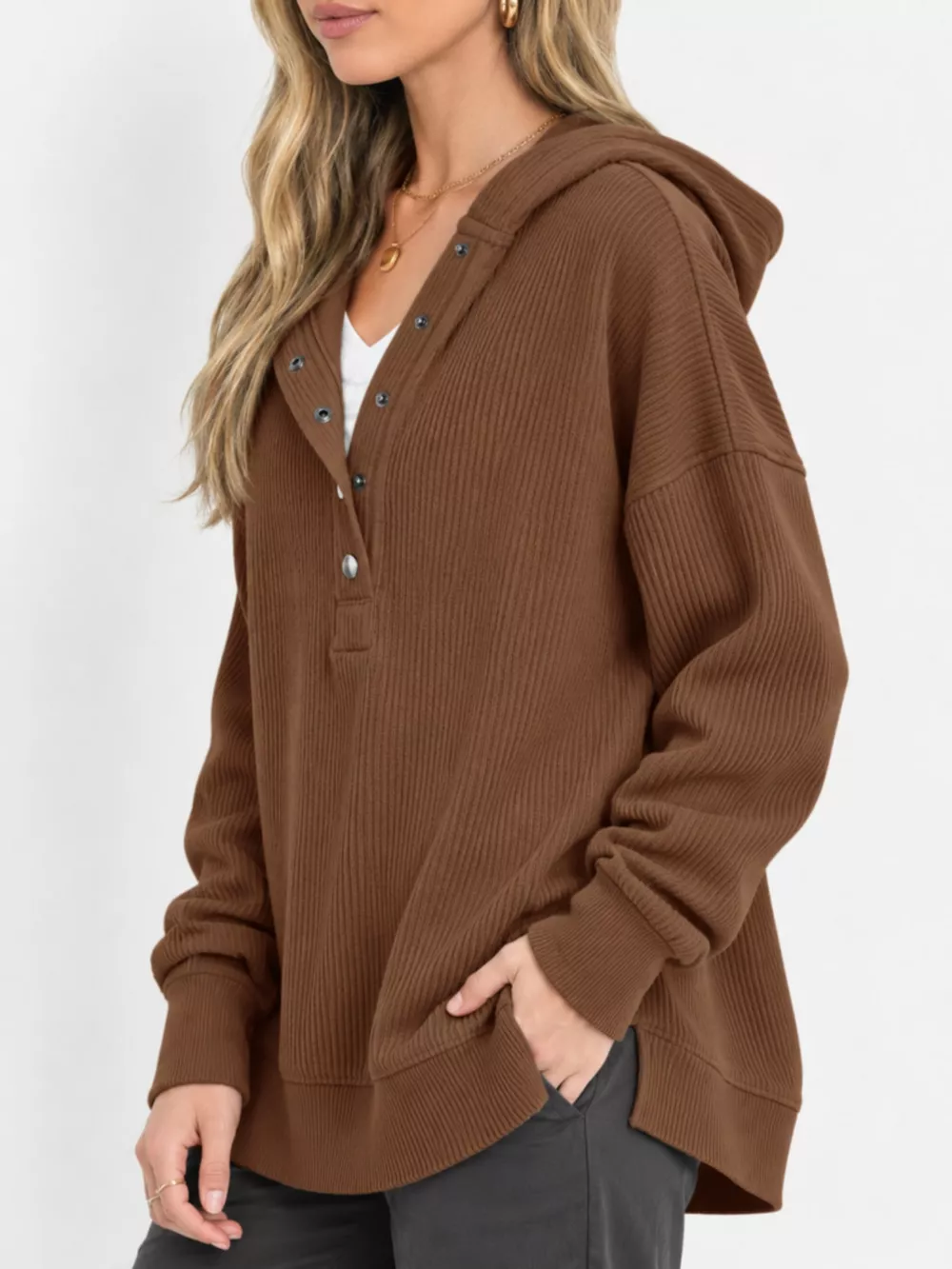 Full Size Snap Button Placket Dropped Shoulder Hoodie Plus Size, image 36