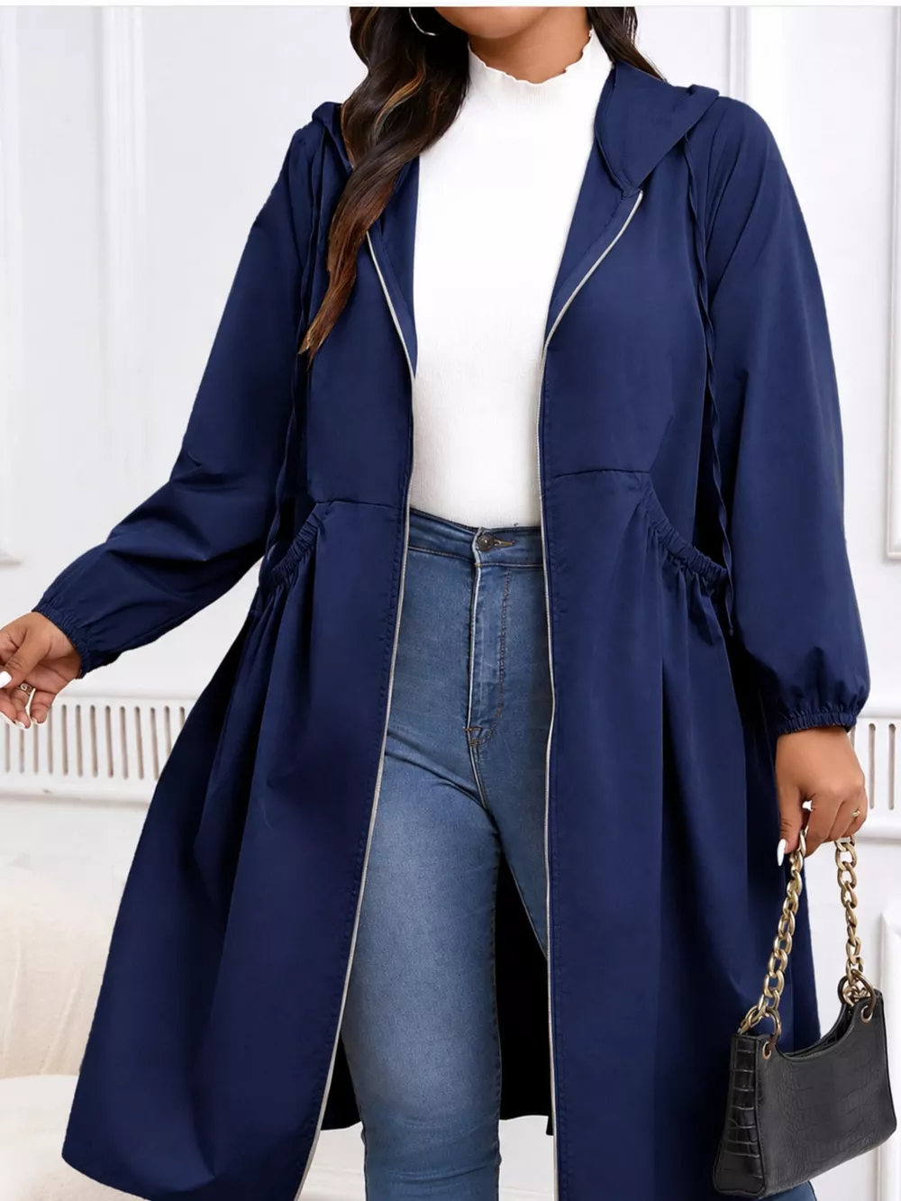 Plus Size Hooded Zip-Up Longline Windbreaker Outerwear, image 9
