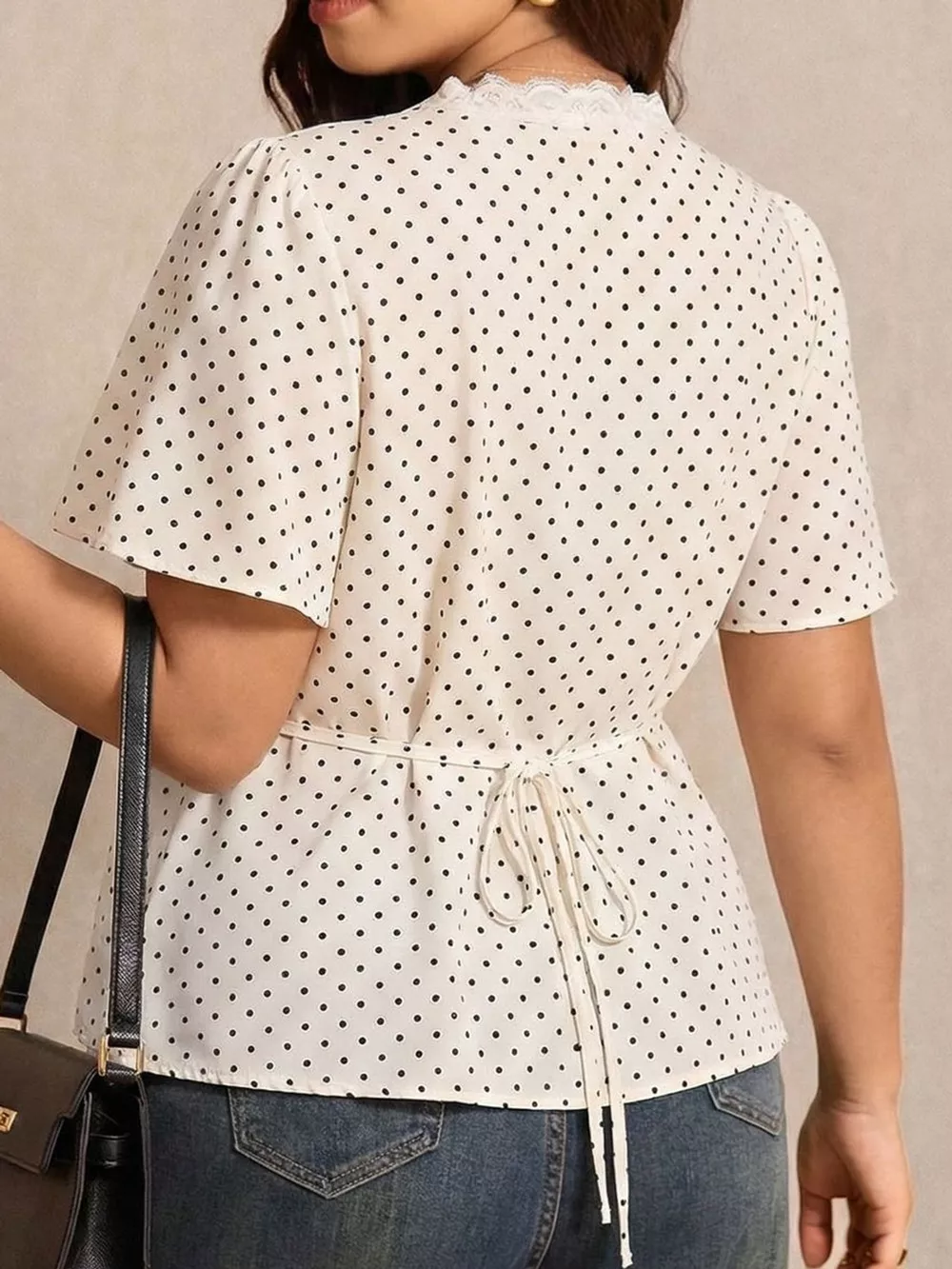 Plus Size Polka Dot V-Neck Lace Trim Peplum Blouse, image 4