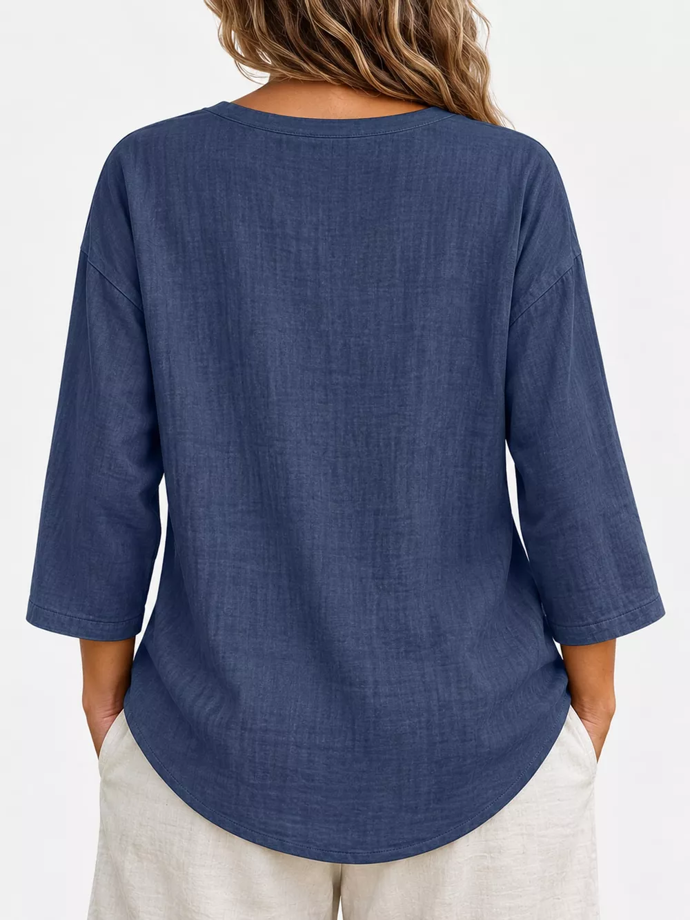 Full Size Button Detail Notched 3/4 Sleeve Blouse Plus Size, image 15