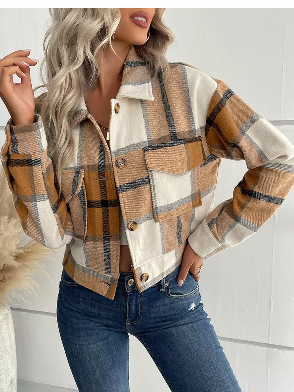 Plaid Button-Front Cropped Jacket, image 14