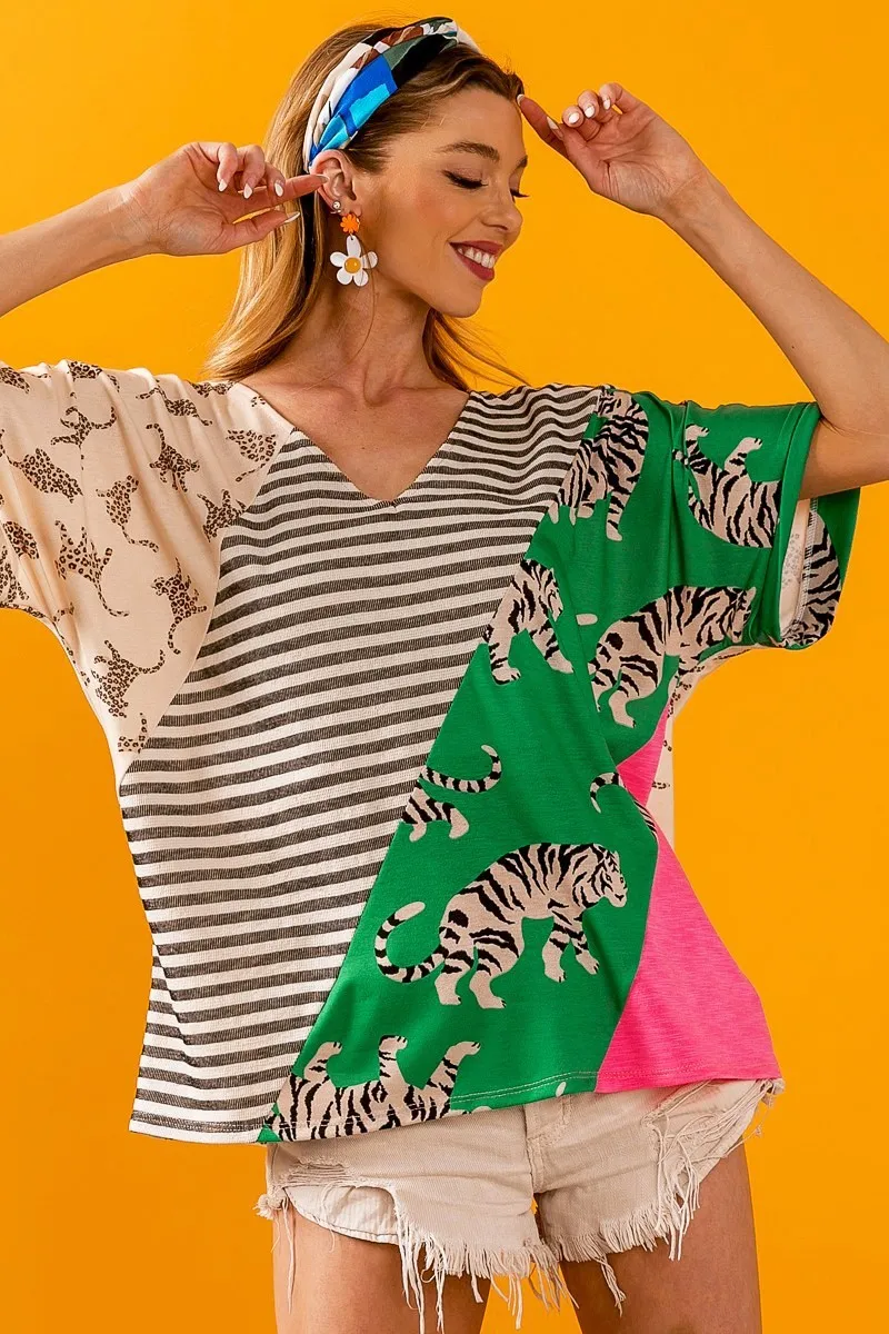 Tiger W Stripe Contrast Color Block V Neck Top, image 2