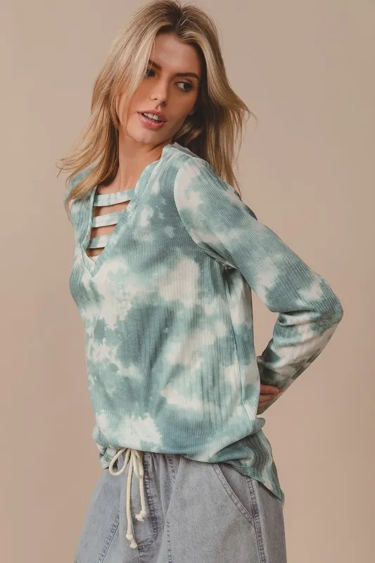 Variegated Tie Dye Rib V-Neck Top with Strapped, image 8