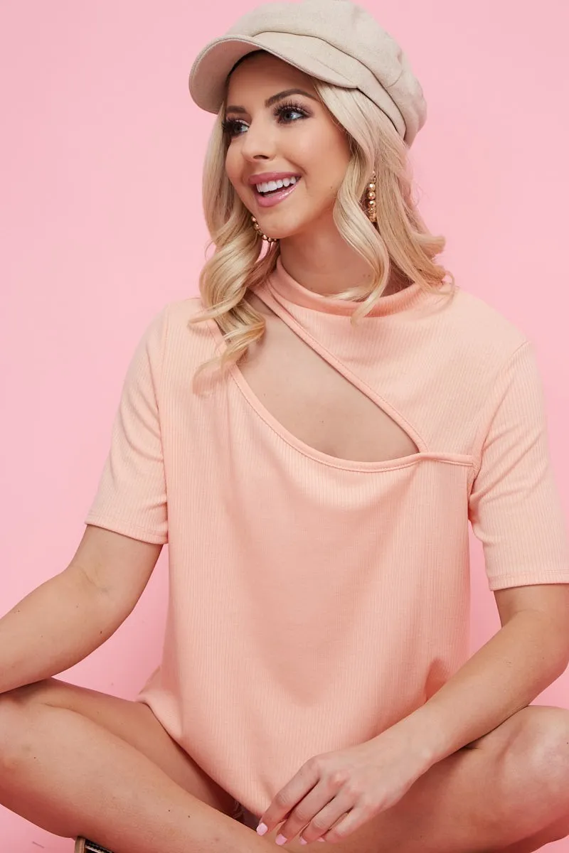 Rib Knit With Front Cut Out Mock Neck Top, image 3