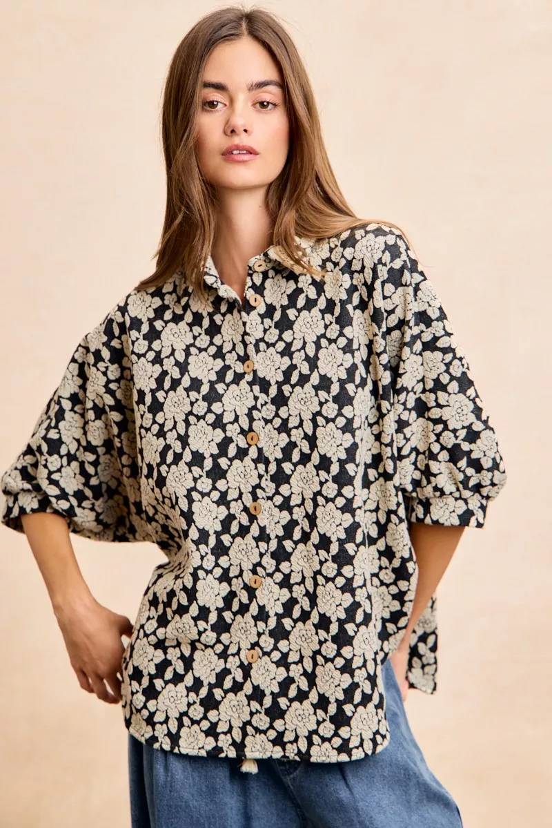 Floral Jacquard Short Dolman Sleeves Shirt, image 3