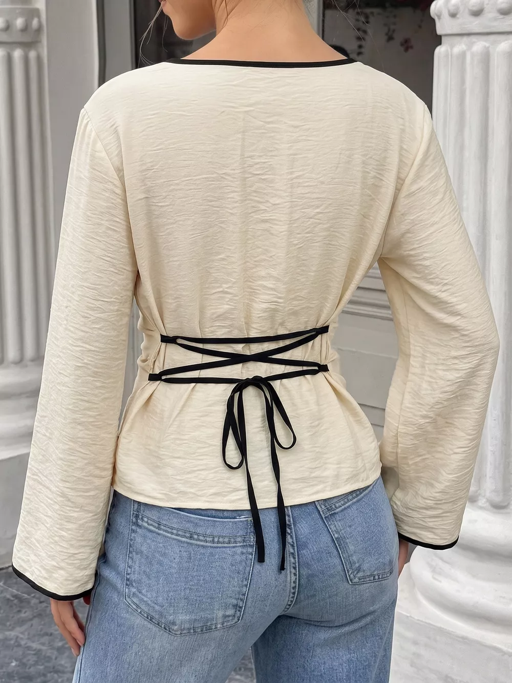 Contrast Trim Flare Sleeve Blouse, image 6