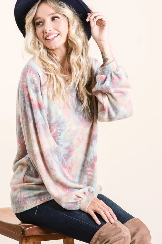 Brushed Tie Dye Print Top with Puff Sleeves, image 2