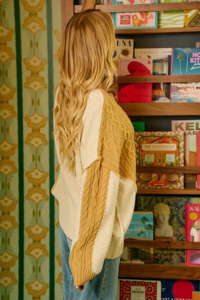 Cable Knit With Hacci Combo Sweater With Uneven Hem Detail, image 2