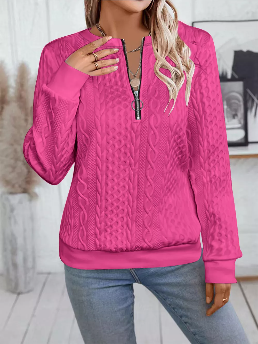 Chic Cable Texture Quarter-Zip Sweatshirt, image 9