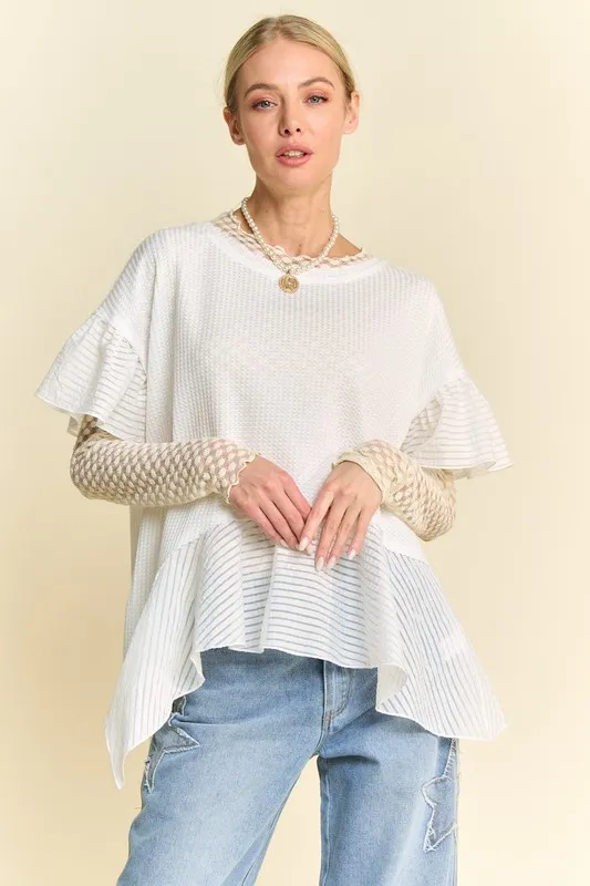 Waffle Knit Bodice Ruffle Bottom Detail Top