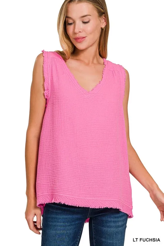 Double Gauze Raw Edge V-Neck Tank