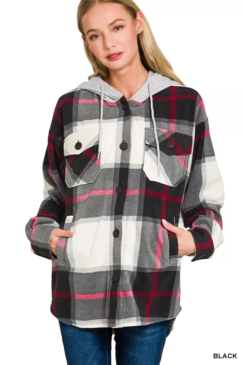 Plaid Drawstring Hooded Fleece Shacket, image 2